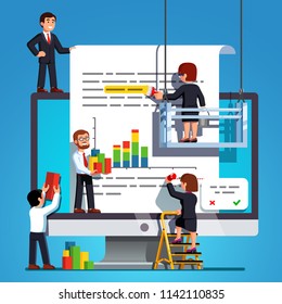 Small business people team working on report document text, bar chart presentation on huge desktop computer screen. Team document editing paperwork metaphor. Flat vector isolated teamwork illustration