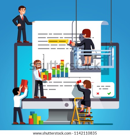 Small business people team working on report document text, bar chart presentation on huge desktop computer screen. Team document editing paperwork metaphor. Flat vector isolated teamwork illustration