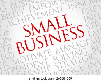 Small Business - a privately-owned enterprise that is typically characterized by its small number of employees, limited revenue, and relatively low market share, word cloud concept background