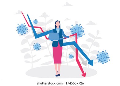 Small business recession concept, arrow pointing down. Vector illustration for web banner, infographics, mobile. businesswoman and arrow pointing down graph with Coronavirus 