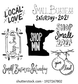 Small Business Saturday 2021 7 pack vector hand drawn icons, local love, shop small 2021, give local, and shop small black and white typography and shopping objects for supporting small businesses 