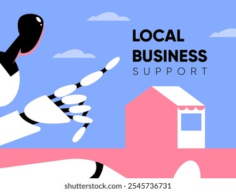 Pequeño sábado de negocios. AI Robot Hombre de negocios Mostrando la tienda en el fondo azul con el texto. Asistencia de la tienda local. Anuncio, tarjeta y diseño de póster. Ilustración vectorial plana.