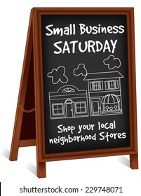 Small Business Saturday Chalk Board Sign, Wood Frame Easel With Brass Chain, Slate Blackboard, Shop Your Local Neighborhood Main Street Stores. EPS8 Compatible.