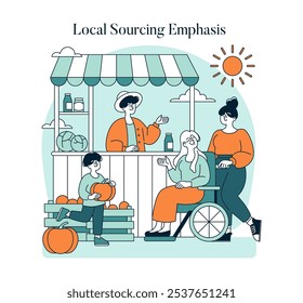 Small Business Saturday concept. Community supports local market with diverse customers engaging in commerce. Seasonal outdoor shopping scene. Vector illustration.