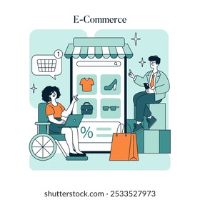 Pequeño concepto de Sábado de Negocios. Los compradores hacen Asistencia de las tiendas locales en línea, destacando la unidad de la comunidad y el impacto económico. Ilustración vectorial.