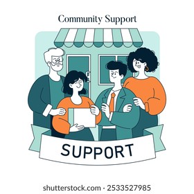 Small Business Saturday concept. Shoppers supporting local stores, boosting community economy. Neighbors encourage small-scale commerce. Vector illustration.