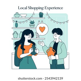 Pequeño concepto de Sábado de Negocios. Compradores que apoyan a las tiendas locales y disfrutan de una experiencia de compra personalizada. Compromiso comunitario y lealtad del Cliente. Ilustración vectorial.