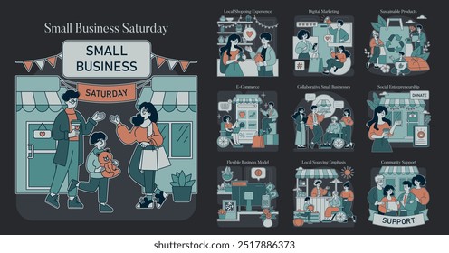 Small Business Saturday concept. Support for local commerce and community businesses. Community spirit, sustainability, and technology in modern retail. Vector illustration.