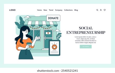 Small Business Saturday concept. A woman supports a local coffee shop through a donation, exemplifying community spirit. Community support, local commerce thrive. Vector illustration.