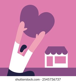 Pequeño sábado de negocios. El hombre sostiene el corazón grande en el fondo rosado. Asistencia de la tienda local. Anuncio, tarjeta y diseño de póster. Ilustración vectorial plana.