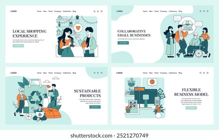 Small Business Saturday set. Community shopping, cooperation in local businesses, eco-friendly retail, adaptive commerce strategies. Vector illustration.