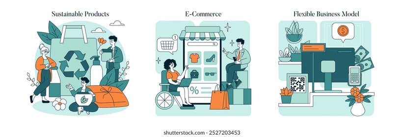 Small Business Saturday set. Highlighting sustainable products, e-commerce and flexible models. Supporting local entrepreneurs and eco-friendly practices. Vector illustration.