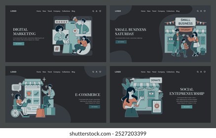 Small Business Saturday set. Illustrations promoting local shopping and community support. Digital marketing and e-commerce integration. Vector illustration.