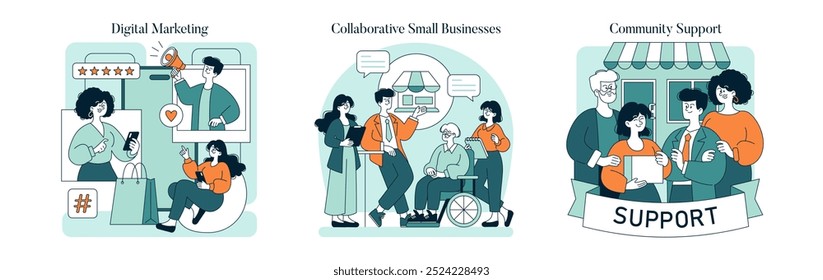 Sábado de pequenas empresas. Comprar promoção local, envolvimento comunitário e suporte de marketing digital para pequenas empresas. Ilustração vetorial.