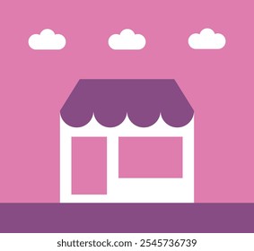 Pequeño sábado de negocios. Tienda de construcción sobre fondo rosa con nubes. Asistencia de la tienda local. Anuncio, tarjeta y diseño de póster. Ilustración vectorial plana.