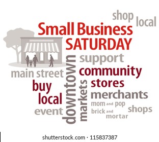 Small Business Saturday word cloud, American promotion on Saturday after Thanksgiving to encourage shopping at local community businesses and neighborhood stores. 