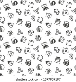 Small business seamless pattern. Thin line icons. Marketplace, market stall, home delivery, job interview, coworking, startup, digital marketing, finance, growth chart. Vector illustration.
