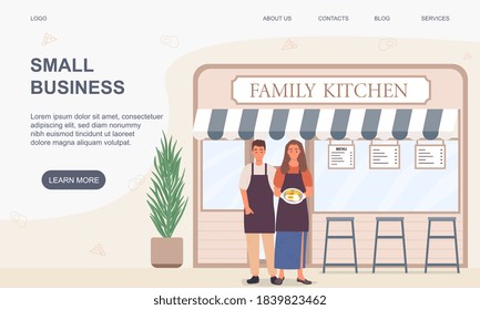 Small Business And Self-employment Concept. A Man And A Woman Entrepreneurs Stand At The Entrance To Their Small Cafe. Flat Cartoon Vector Illustration. Website, Web Page Or Landing Page Template