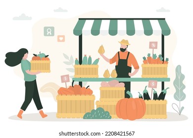 Small business selling fresh fruits and vegetables. Kiosk with farm organic food. Family business, people sell eco-friendly products. Counter and boxes with fresh harvest of vegetables. flat vector