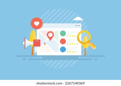 Small business SEO, Business listing on search engine, promoting small business on local search results - flat design vector illustration with icons