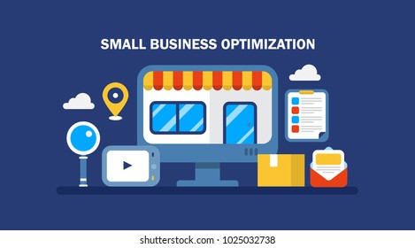 Small business, SEO, local business optimization, e-commerce marketing flat vector illustration isolated on dark background