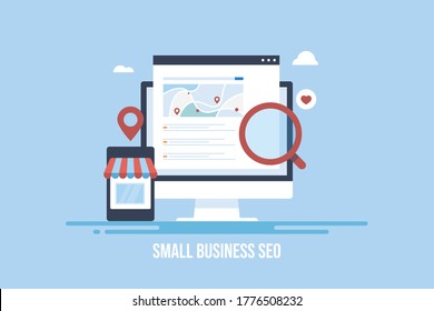 Small Business SEO, SEO Marketing, Mobile SEO - Conceptual Vector Illustration With Icons Isolated On Blue Background