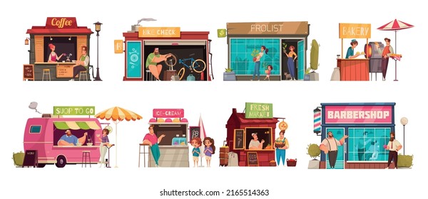 Pequeño negocio conjunto de revisión de bicicletas florista barbershop heladería sopa de panadería para ir composiciones planas ilustración vectorial aislada