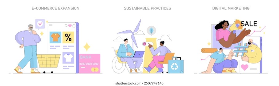 Small business set. An entrepreneur engages in e-commerce, sustainable practices, and digital marketing. Elevation of online sales, eco-friendly strategies, and social media advertising. Vector