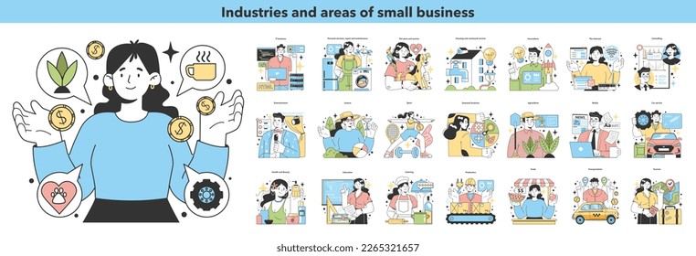 Small business set. Industries and areas for a starting and developing a new start-up, local business. Potential for growth and success. Flat Vector Illustration