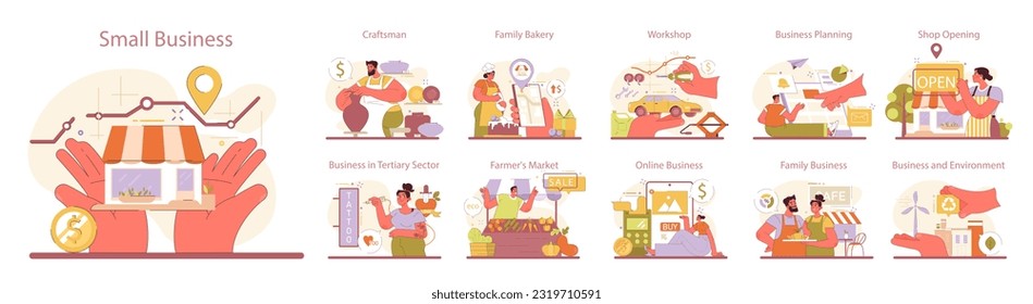 Small business set. Starting and developing a new start-up or local business. Independent enterpreneurship, business planning and mannaging. Flat Vector Illustration