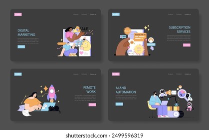 Small Business set. Web pages showcasing digital marketing, sales, subscription services, remote work, and AI. Engaging entrepreneurs in modern business strategies. Vector illustration.