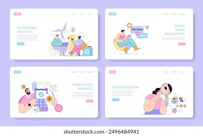 Pequeño conjunto de negocios. Interfaz de Sitio web que muestra prácticas sostenibles, compromiso de marca, pagos sin contacto y personalización. Ilustración vectorial.