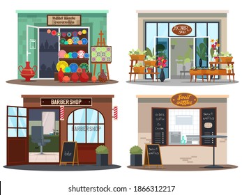 Small business shop background set. View of ceramics store, flower and plant, barber shops, coffeeshop with waffles. Local downtown market vector illustration. Cuisine and modern service.