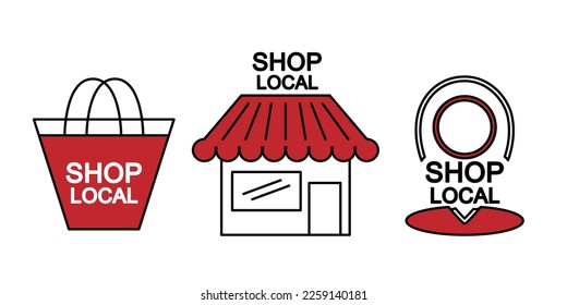 Small business, shop local concept icons. Store, shopping bag, map pin mark for location. Vector design background.