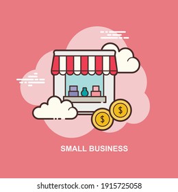 Small business shop with products, money and clouds flat concept design 