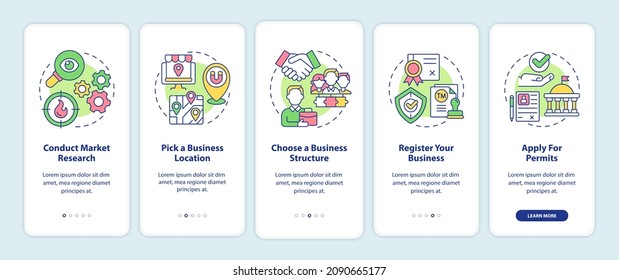 Small business starting tips onboarding mobile app page screen. Startup walkthrough 5 steps graphic instructions with concepts. UI, UX, GUI vector template with linear color illustrations