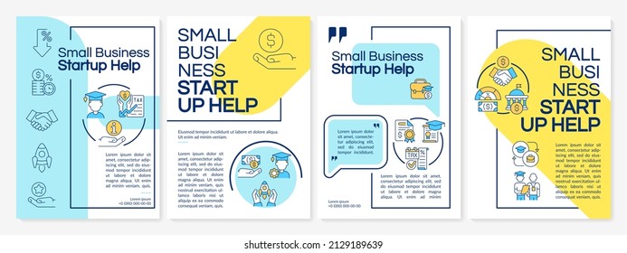 Small business startup help blue and yellow brochure template. Financial grant. Leaflet design with linear icons. 4 vector layouts for presentation, annual reports. Questrial, Lato-Regular fonts used