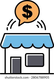 Small business storefront with dollar sign speech bubble indicating profit or success smallbusiness