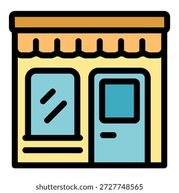 Pequeña fachada de la tienda de negocios con toldo y puerta de vidrio, invitando a los Clientes en el interior