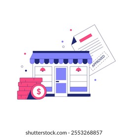 Small Business Storefront With Loan Document And Coins In Flat Vector Illustration Symbolizing Financial Approval, Entrepreneurship, And Growth, Isolated On White Background