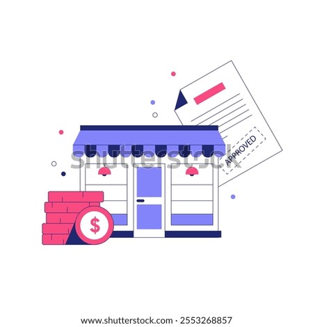 Small Business Storefront With Loan Document And Coins In Flat Vector Illustration Symbolizing Financial Approval, Entrepreneurship, And Growth, Isolated On White Background