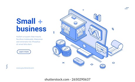 Desenvolvimento de estratégia para pequenas empresas fluxo de trabalho esboço isométrico web banner design modelo vetor ilustração. Página inicial de tecnologia promocional de marketing de gerenciamento de inicialização de serviço de varejo comercial