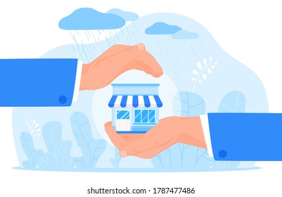 Small business support protection vector illustration. Cartoon flat human hands holding business building, protecting owners investors of local shop from rain, supporting insurance investment concept