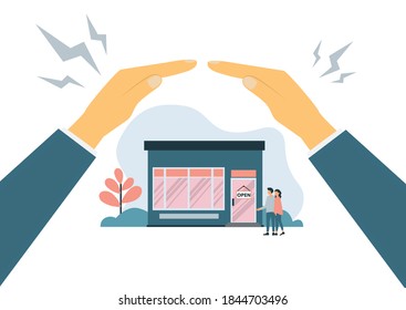 Small business support protection vector illustration. Cartoon flat human hands holding business building, protecting owners investors of local shop from rain, supporting insurance investment concept