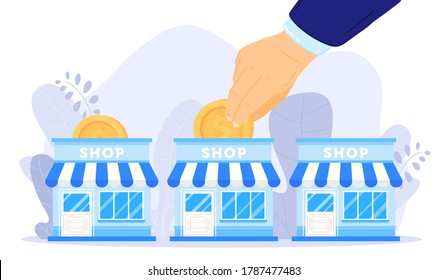 Small business support vector illustration. Cartoon flat supporter businessman hand holding money coin, helping local shop building to increase income wealth, investment concept isolated on white
