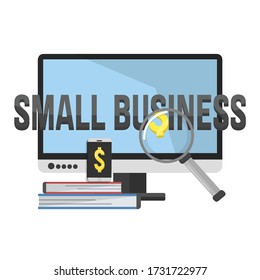 "small business" text on computer and books with white background