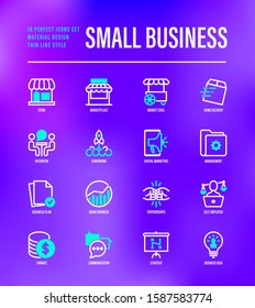 Small business thin line icons set. Marketplace, market stall, home delivery, job interview, coworking, startup, digital marketing, finance, growth chart, self employed. Vector illustration.