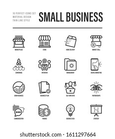 Small business thin line icons set. Marketplace, market stall, home delivery, job interview, coworking, startup, digital marketing, growth chart, partnership, self employed. Vector illustration