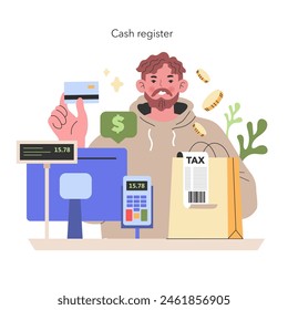 Small Business Transaction A customer at a cash register makes a payment with a card, capturing the everyday exchange in modern commerce Vector illustration