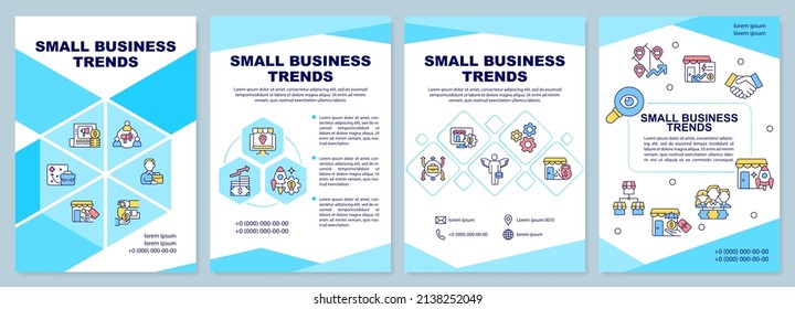 Small Business Trends Blue Brochure Template. Companies Development. Leaflet Design With Linear Icons. 4 Vector Layouts For Presentation, Annual Reports. Arial-Black, Myriad Pro-Regular Fonts Used